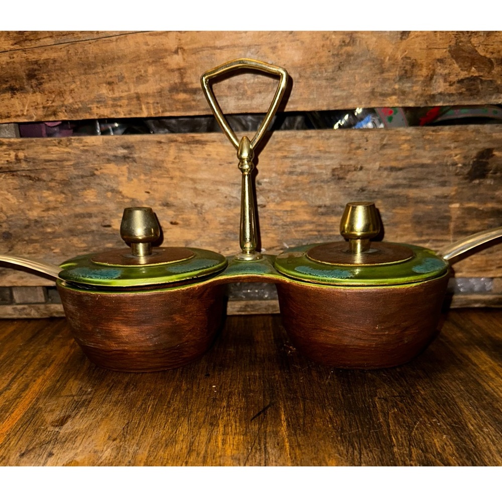 Vintage Sequoia Pottery Wood Patterned Condiment Server Set with Lids and Spoons